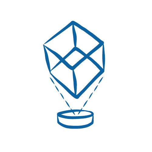 Illustration icon of a hologram trademark. A round background with a floating cube above it.