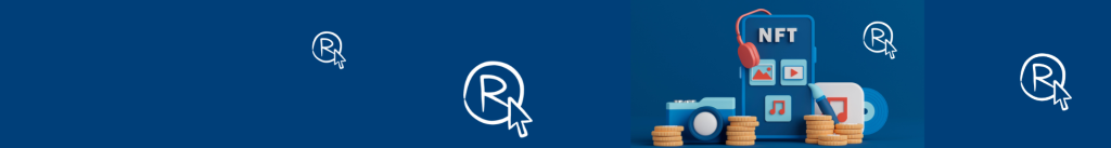 fond bleu avec illustrations du signe R et d'un téléphone contenant le texte NFT