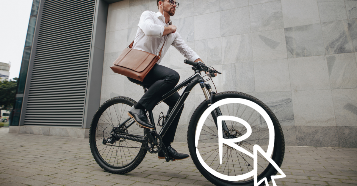 Man on bicycle and icon of the r symbol