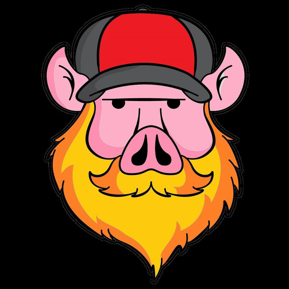 Voorbeeld van een beeldmerk. Zwarte achtergrond met gezicht van een varken met een rode muts.