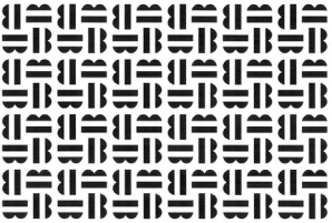 Voorbeeld van een patroonmerk. Een rechthoekig vlak met kleine zwarte tekens die in een regelmatig patroon herhaald worden.