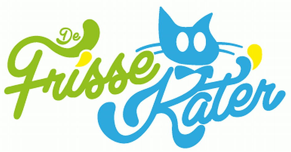 Voorbeeld van een beeldmerk met woordelementen. De tekst 'Frisse kater' in gestyleerde letters met de afbeelding van een kat.