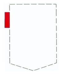 Voorbeeld van een positiemerk. De contouren van de achterzak van een spijkerbroek met een rood label aan de bovenzijde.