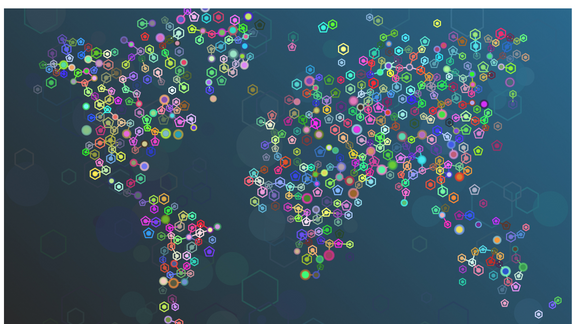 wereldkaart bestaande uit een gekleurd netwerk van nodes